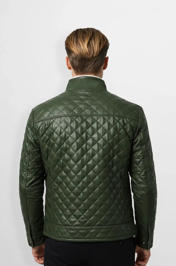 Dark Olive Green Quilted Leather Jacket Back view