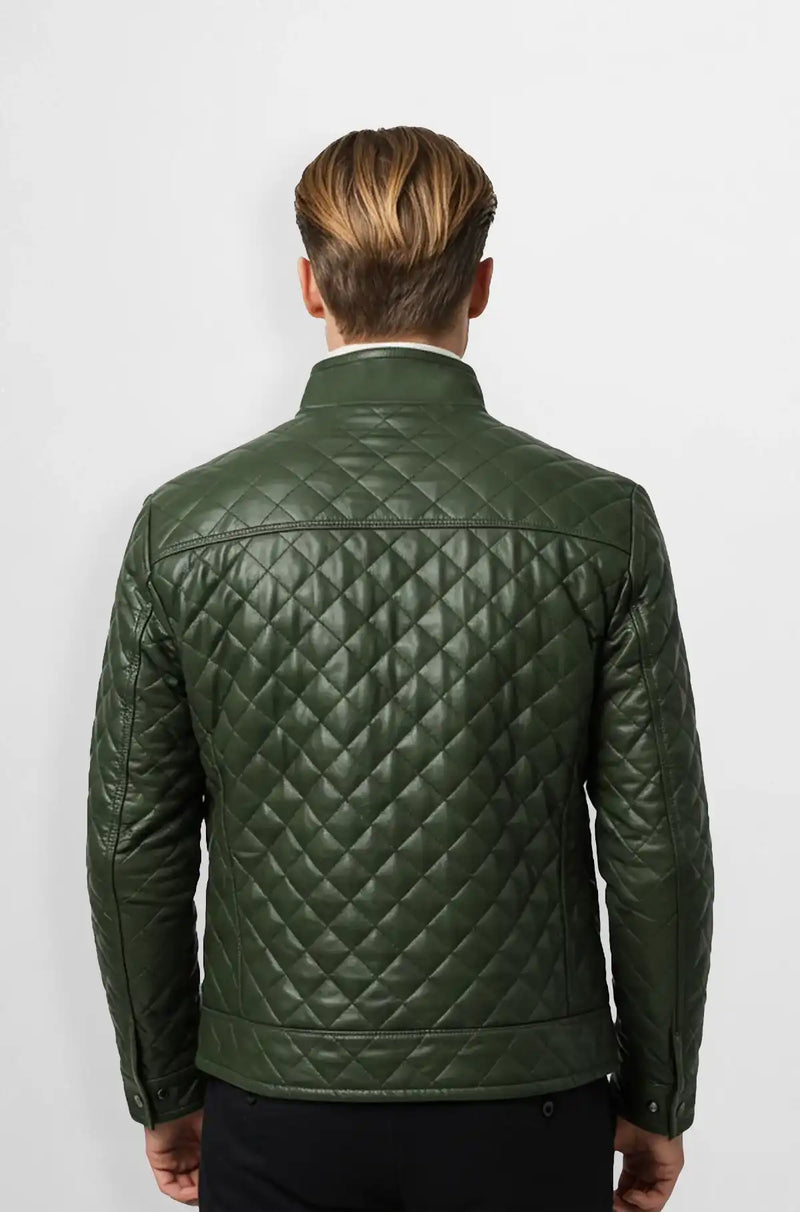 Dark Olive Green Quilted Leather Jacket Back view