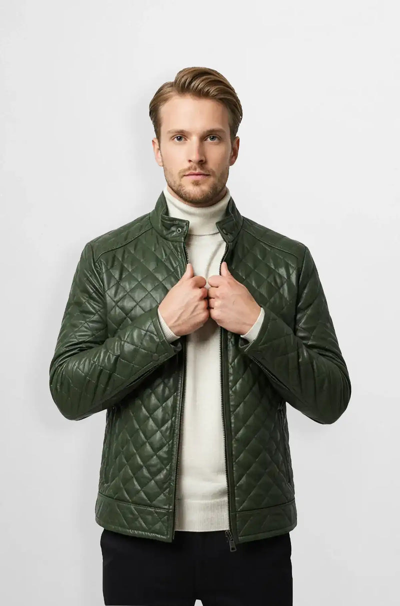 Dark Olive Green Quilted Leather Jacket Front view