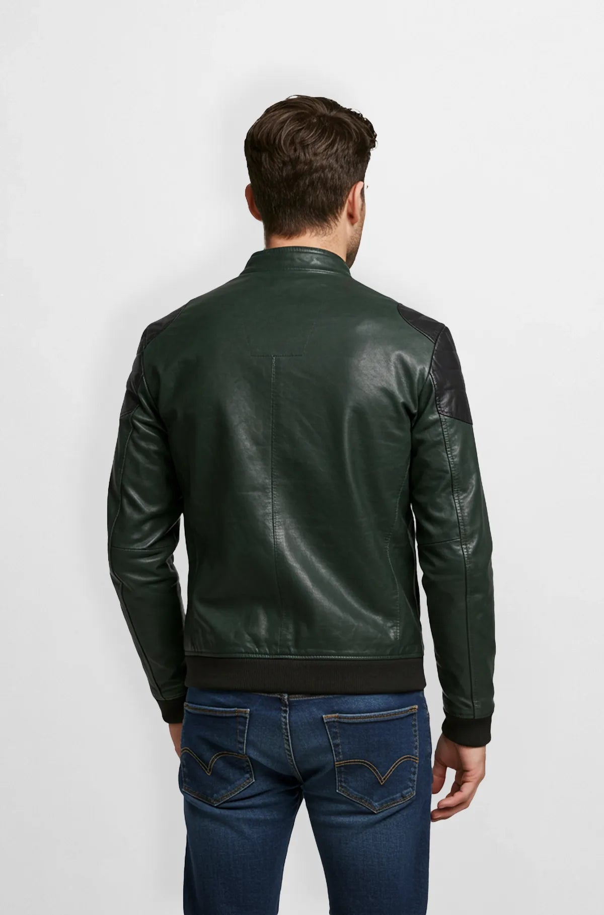 Deep Forest Green Leather Bomber Jacket Back view