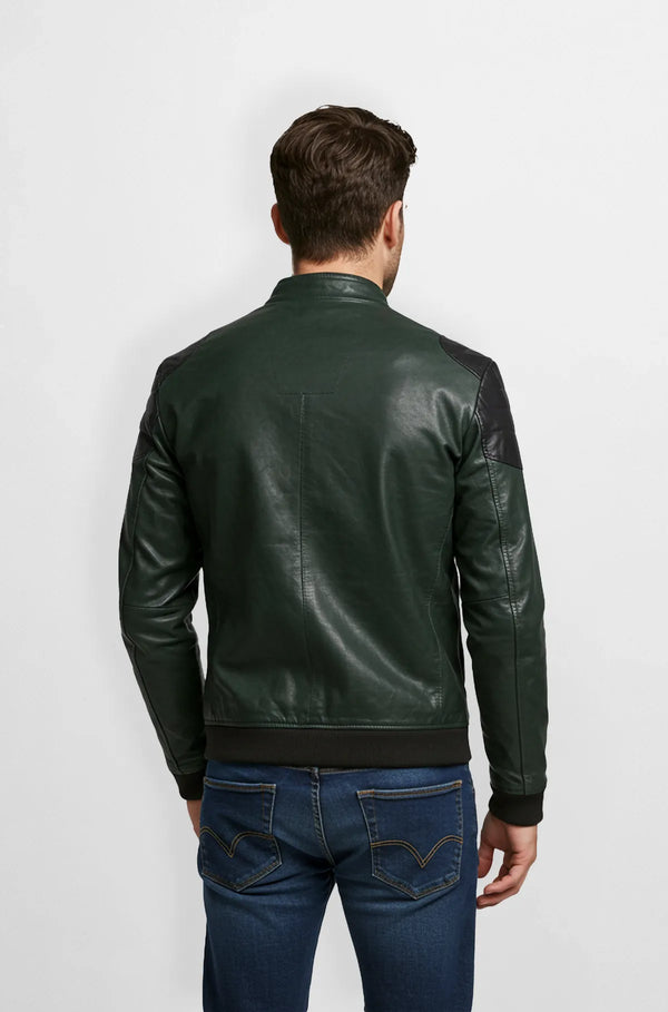 Deep Forest Green Leather Bomber Jacket Back view