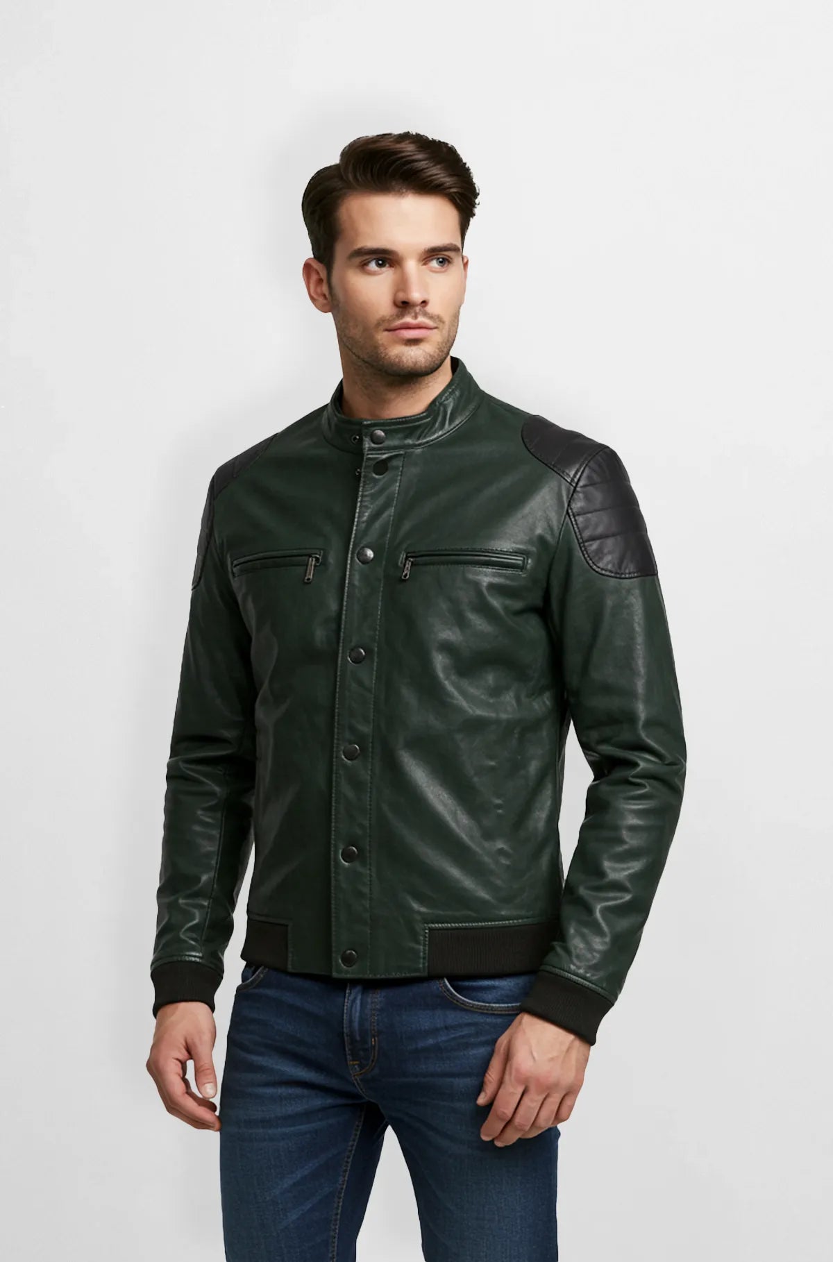 Deep Forest Green Leather Bomber Jacket Front view
