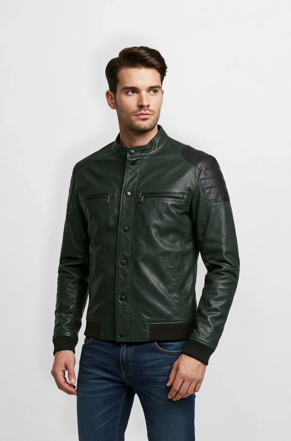 Deep Forest Green Leather Bomber Jacket Front view