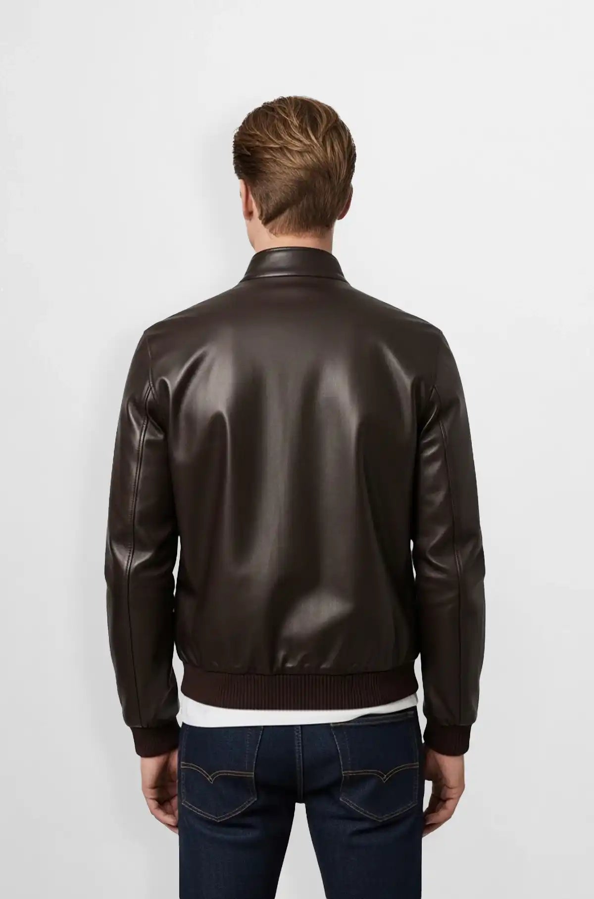 Deep Mahogany Brown Leather Bomber Jacket Back view