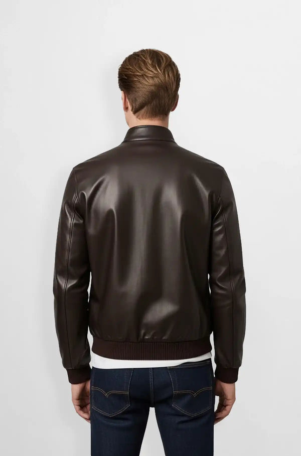 Deep Mahogany Brown Leather Bomber Jacket Back view