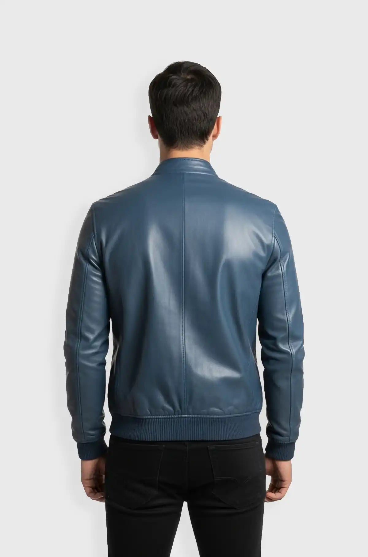 Deep Navy Blue Leather Bomber Jacket Slim Fit Back view