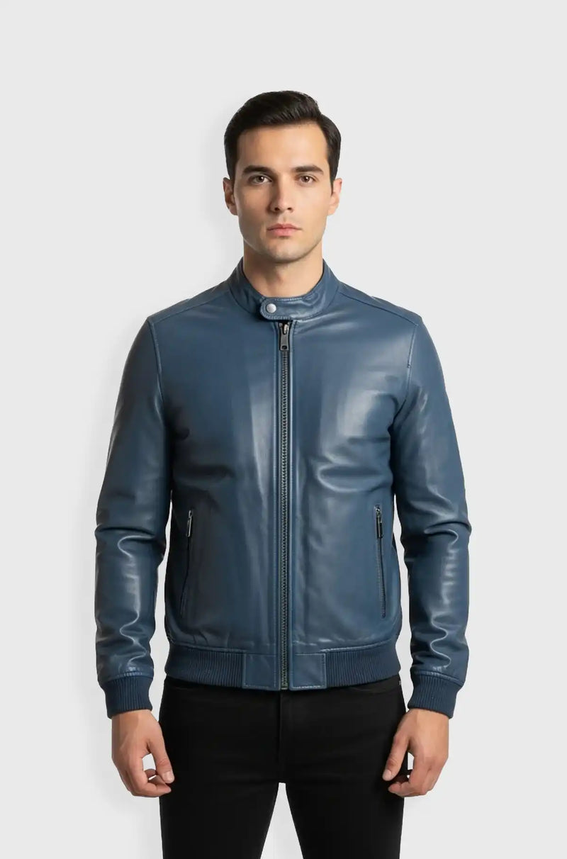 Deep Navy Blue Leather Bomber Jacket Slim Fit Front view