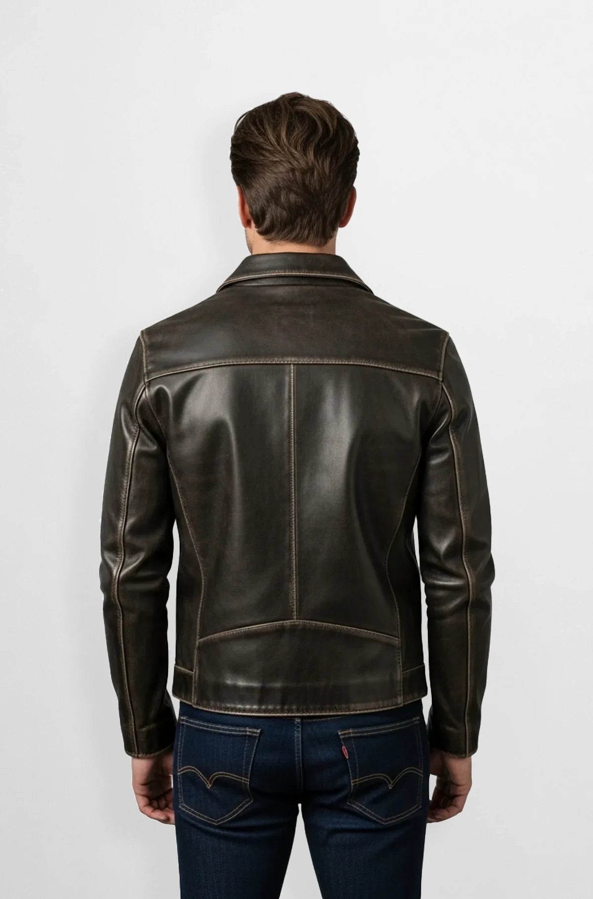 Distressed Dark Brown Leather Racer Jacket Back view