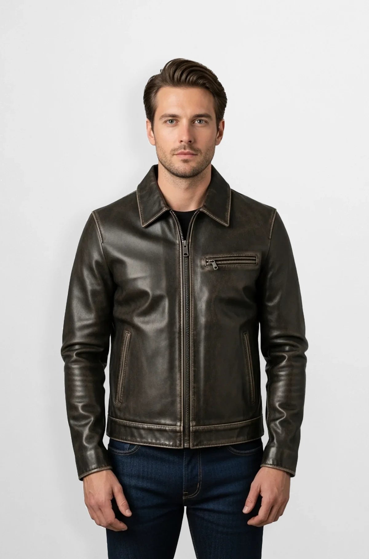 Distressed Dark Brown Leather Racer Jacket Front view