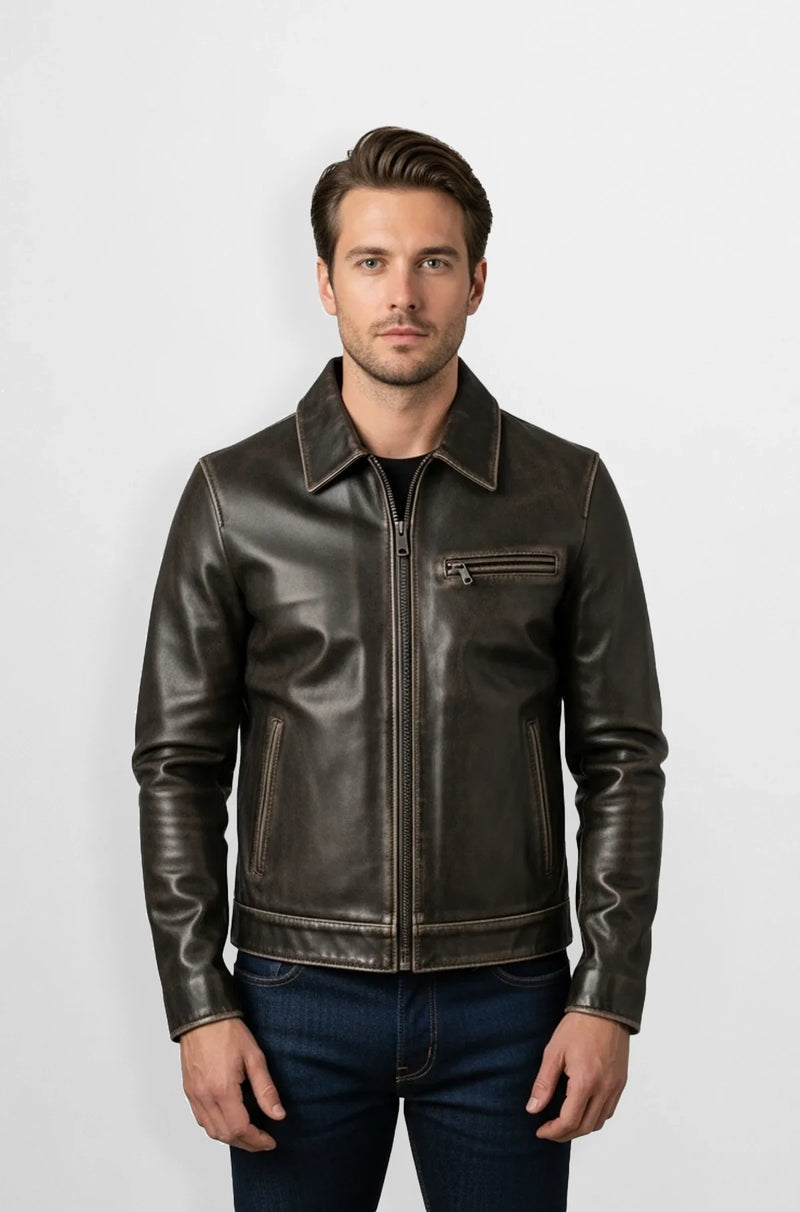Distressed Dark Brown Leather Racer Jacket Front view