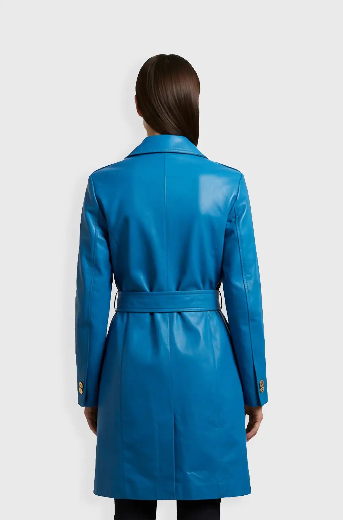 Double Breasted Sky Blue Leather Trench Coat Back view