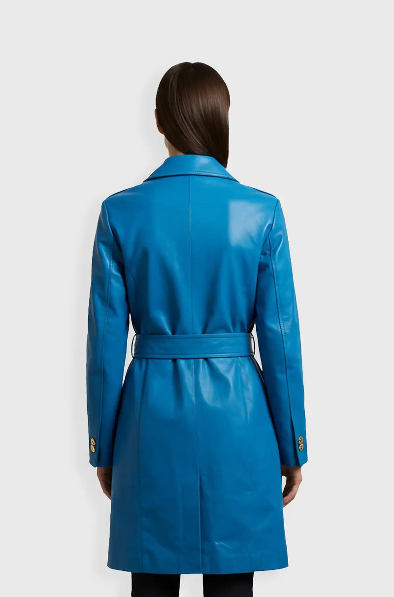 Double Breasted Sky Blue Leather Trench Coat Back view