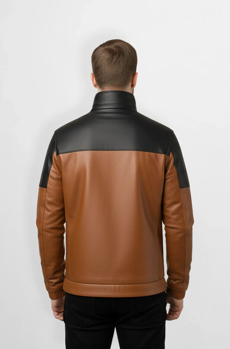 Dual-Tone Leather Bomber Jacket