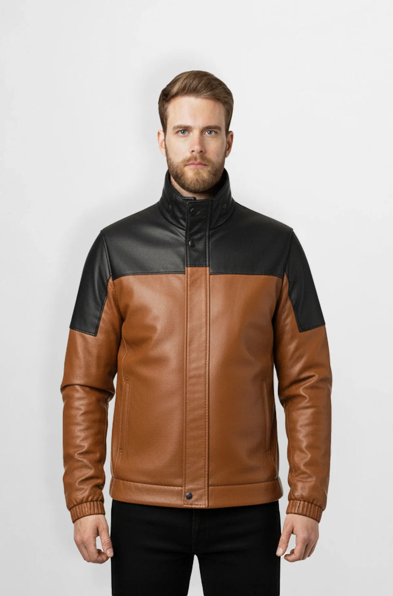 Dual-Tone Leather Bomber Jacket