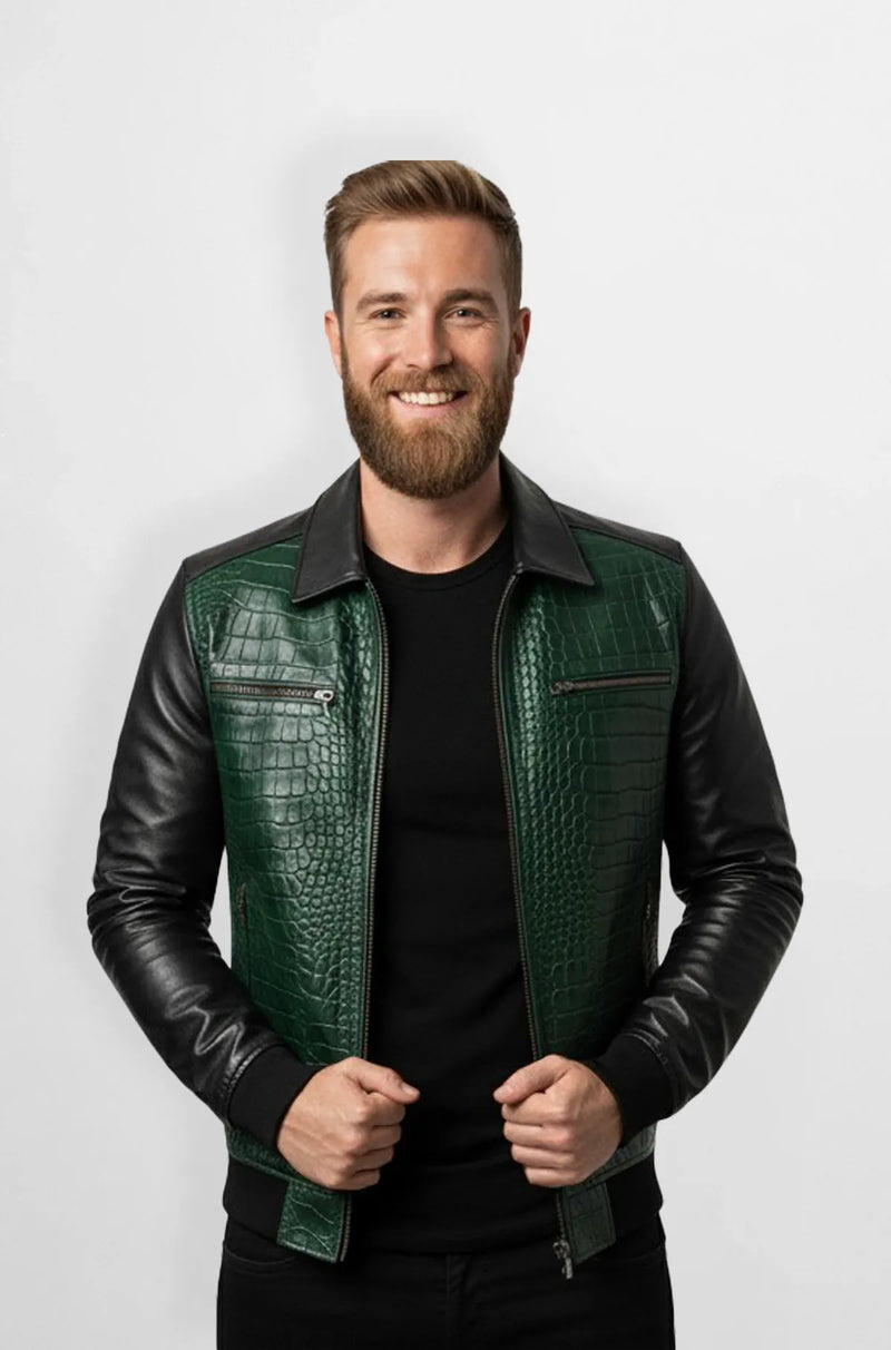 Emerald Croc Black Sleeve Leather Jacket