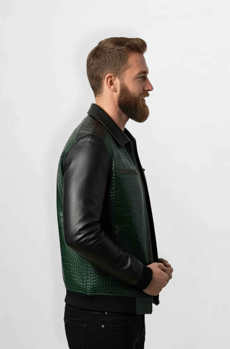 Emerald Croc Black Sleeve Leather Jacket