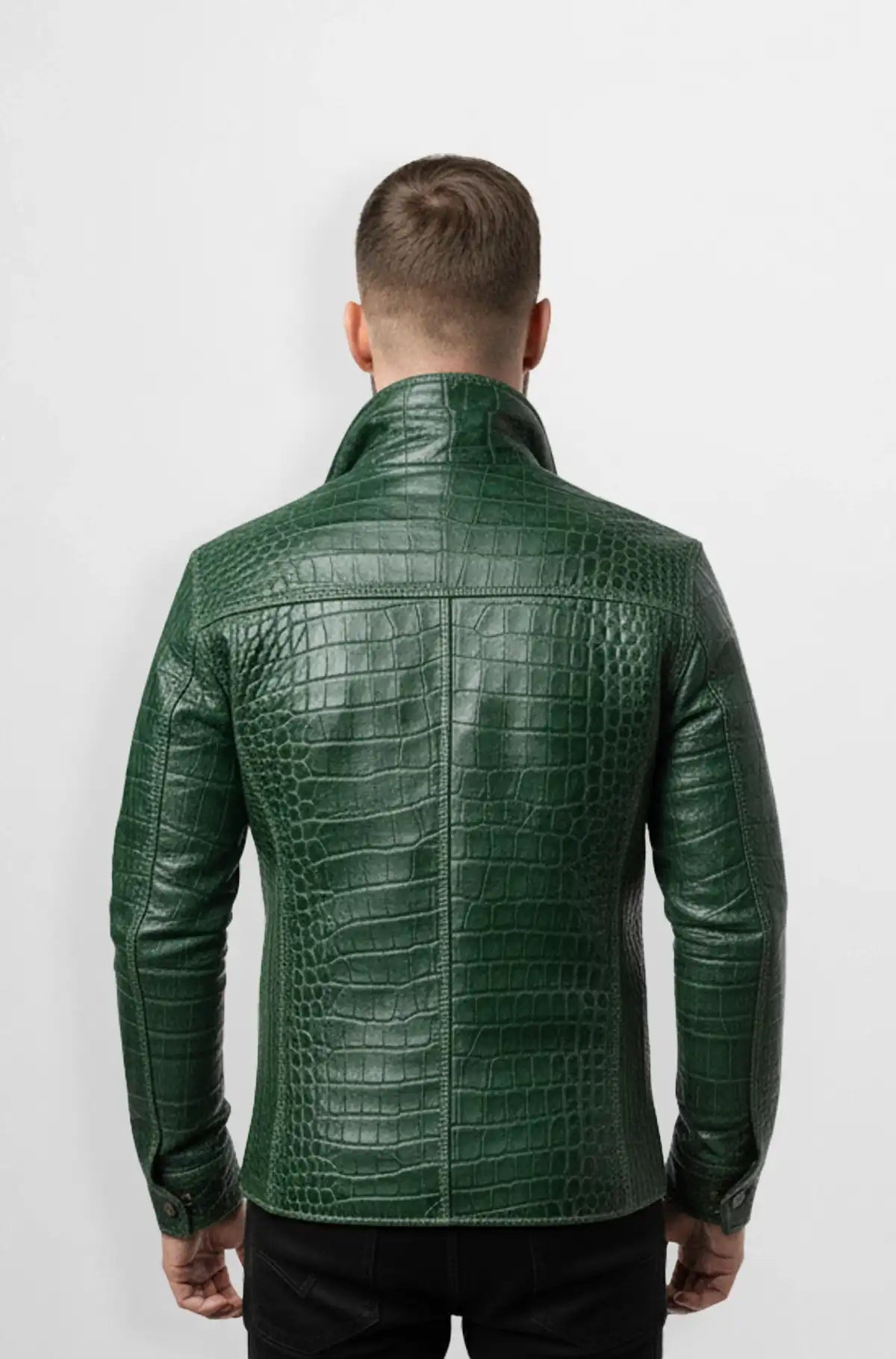 Emerald Green Crocodile Leather Trucker Jacket Back view