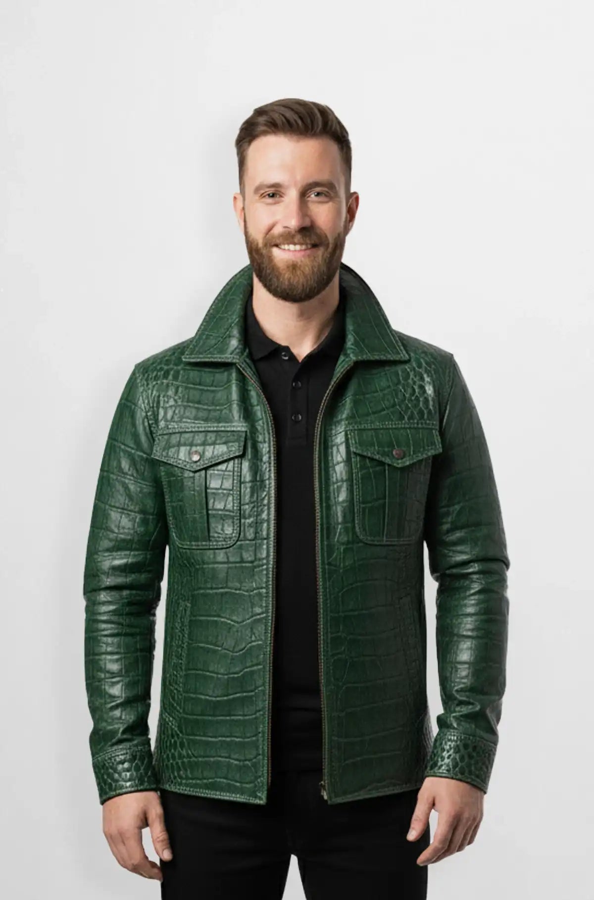 Emerald Green Crocodile Leather Trucker Jacket Front view