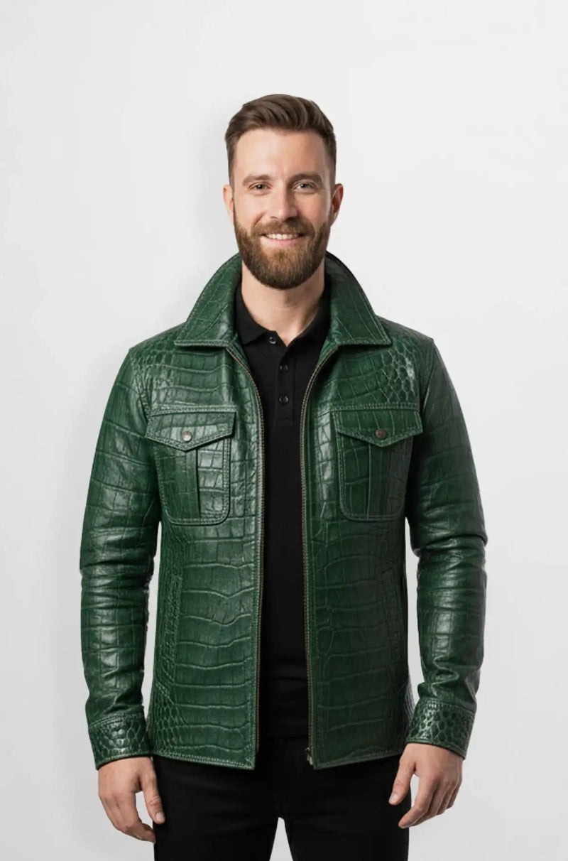 Emerald Green Crocodile Leather Trucker Jacket Front view
