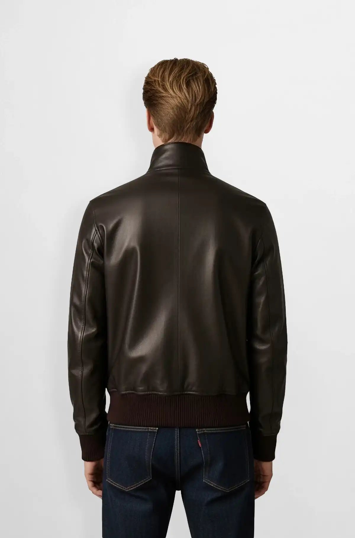Espresso Brown Leather Bomber Jacket Back view