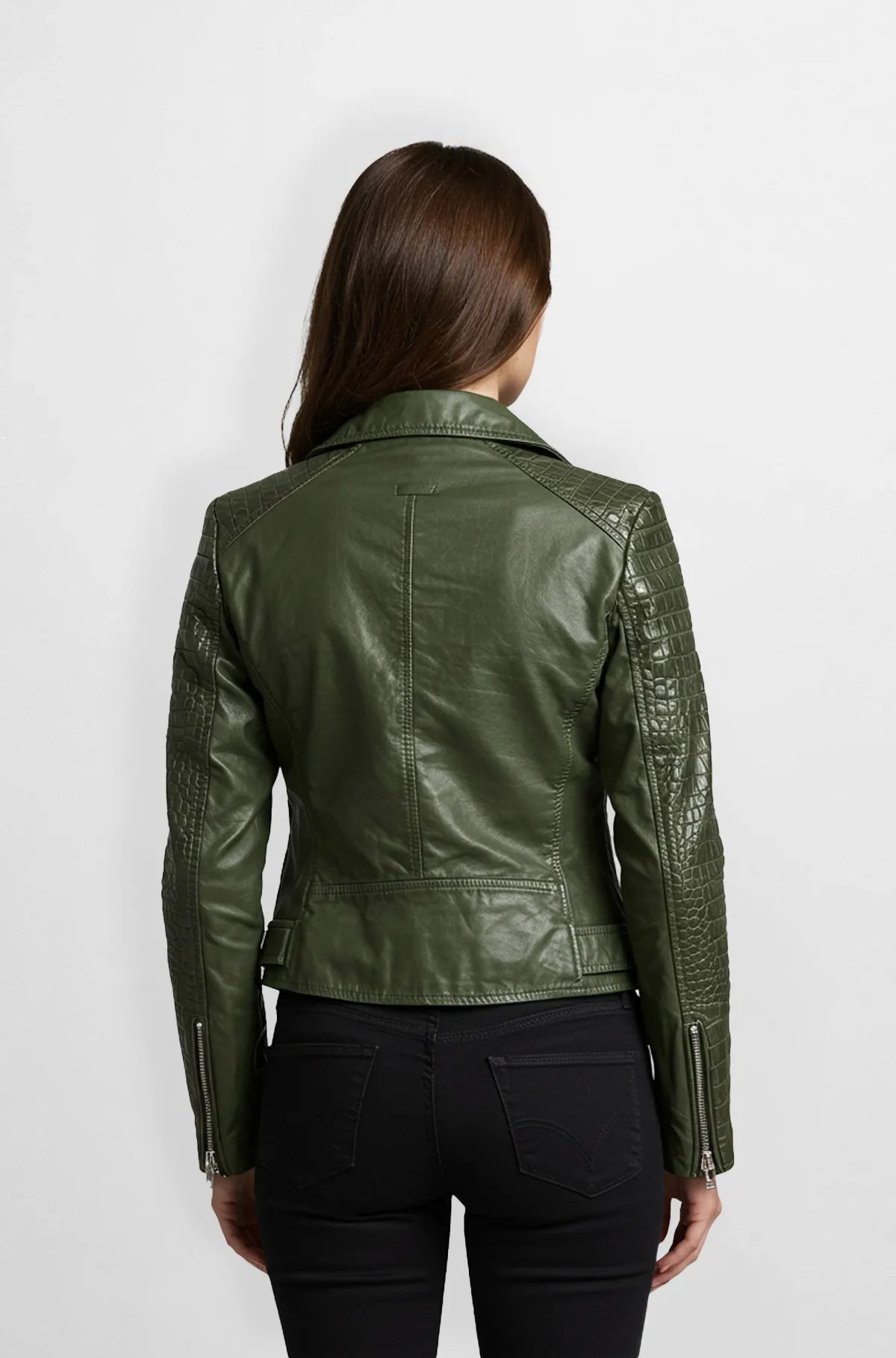 Forest Green Crocodile Sleeves Moto Leather Jacket Back view