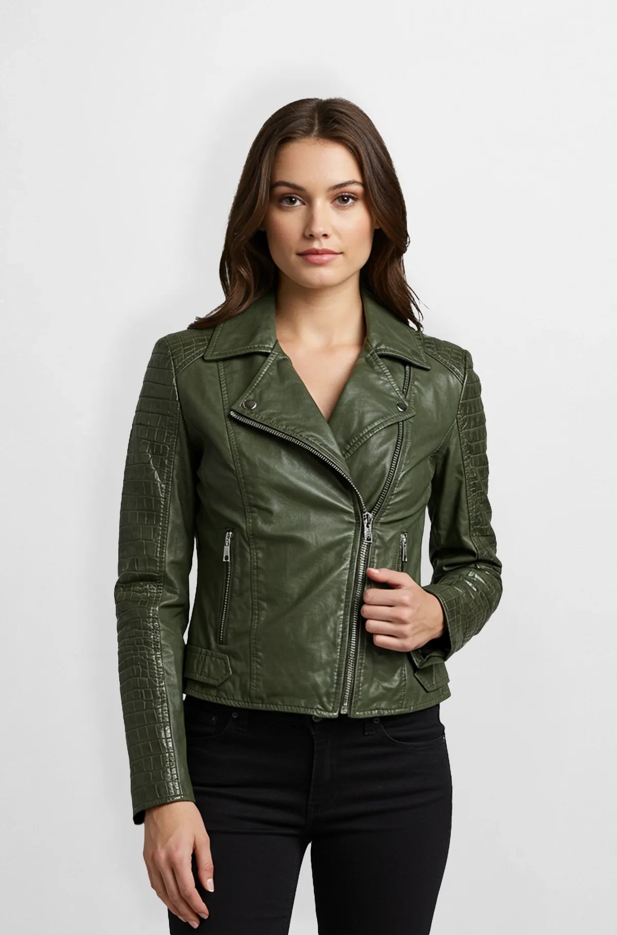 Forest Green Crocodile Sleeves Moto Leather Jacket Front view