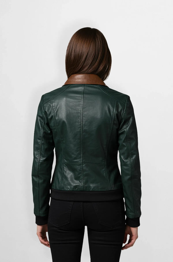 Forest Green Leather Bomber Jacket Back view