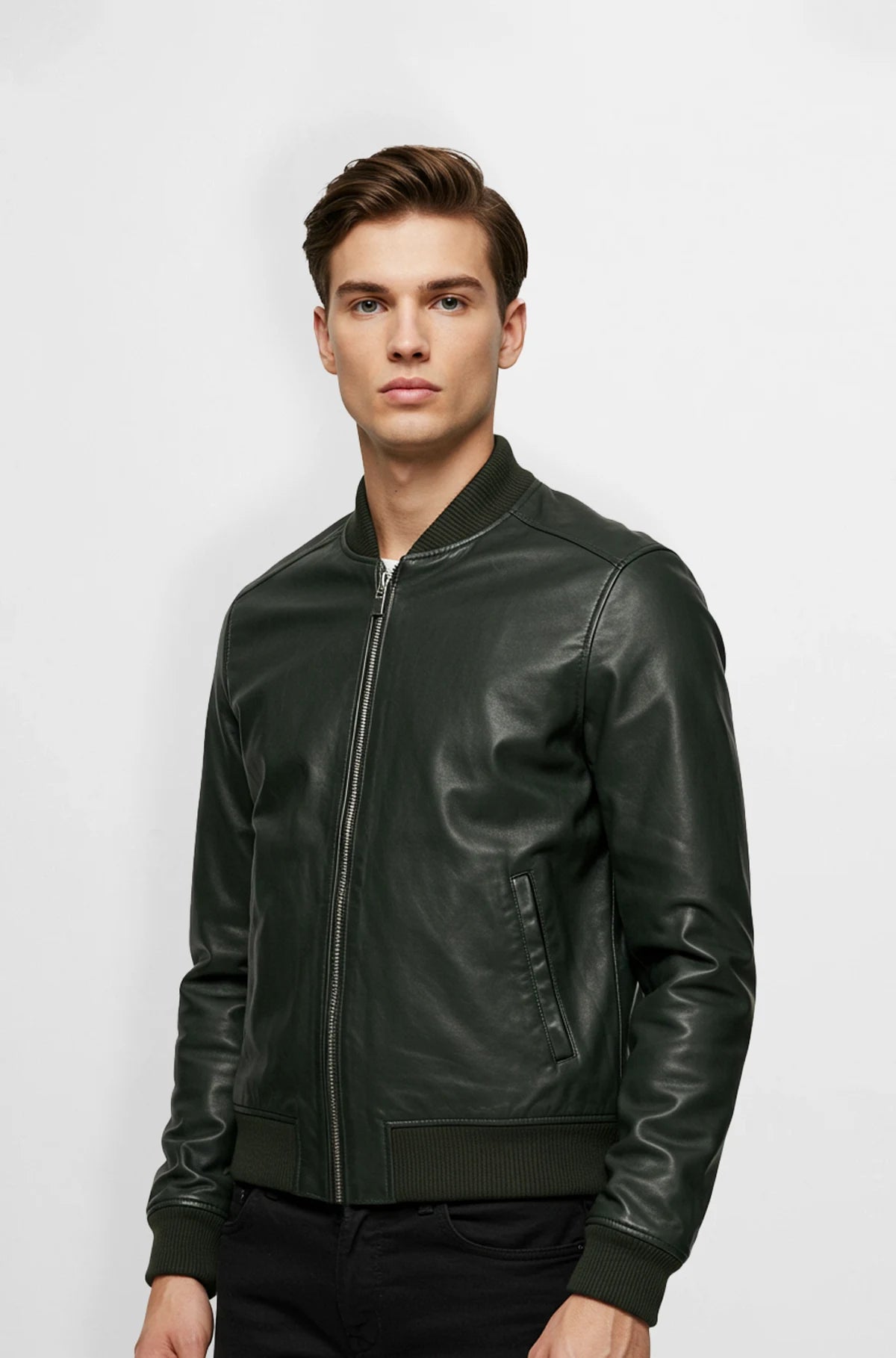 Forest Green Leather Bomber Jacket with Ribbed Hem