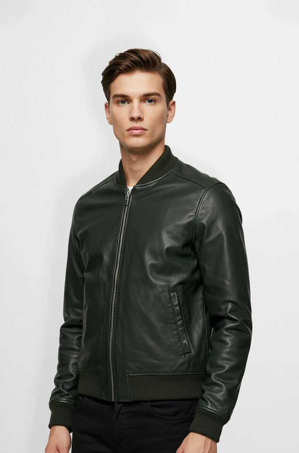Forest Green Leather Bomber Jacket with Ribbed Hem