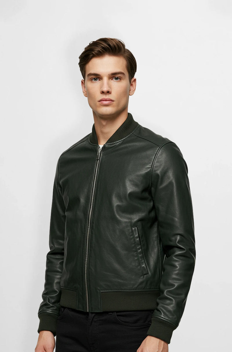 Forest Green Leather Bomber Jacket with Ribbed Hem