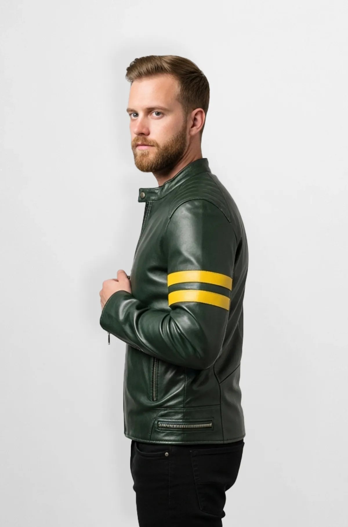 Forest Green Matte Leather Racer Jacket Side view