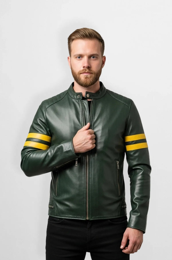 Forest Green Matte Leather Racer Jacket Front view
