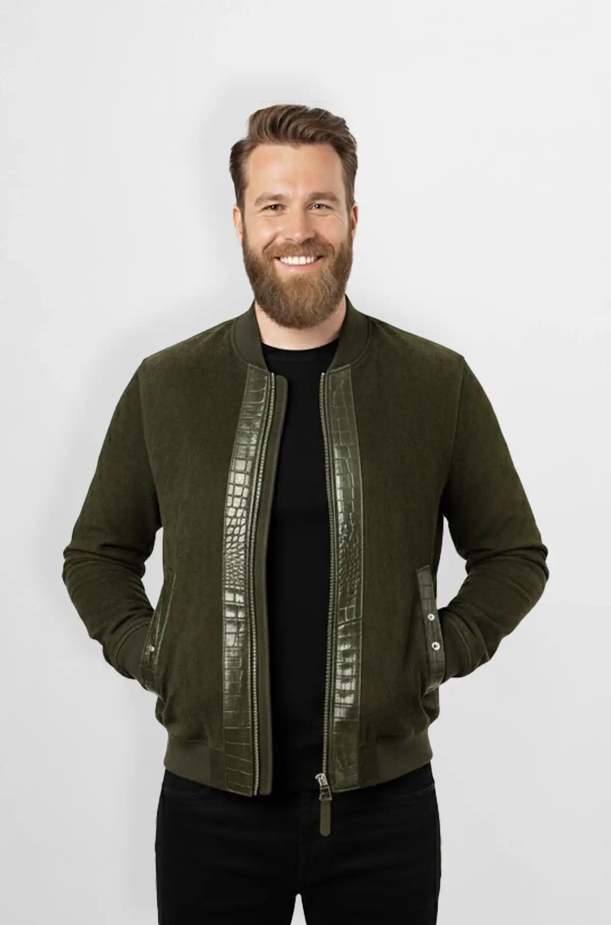 Forest Luxe Crocodile Trim Bomber Jacket