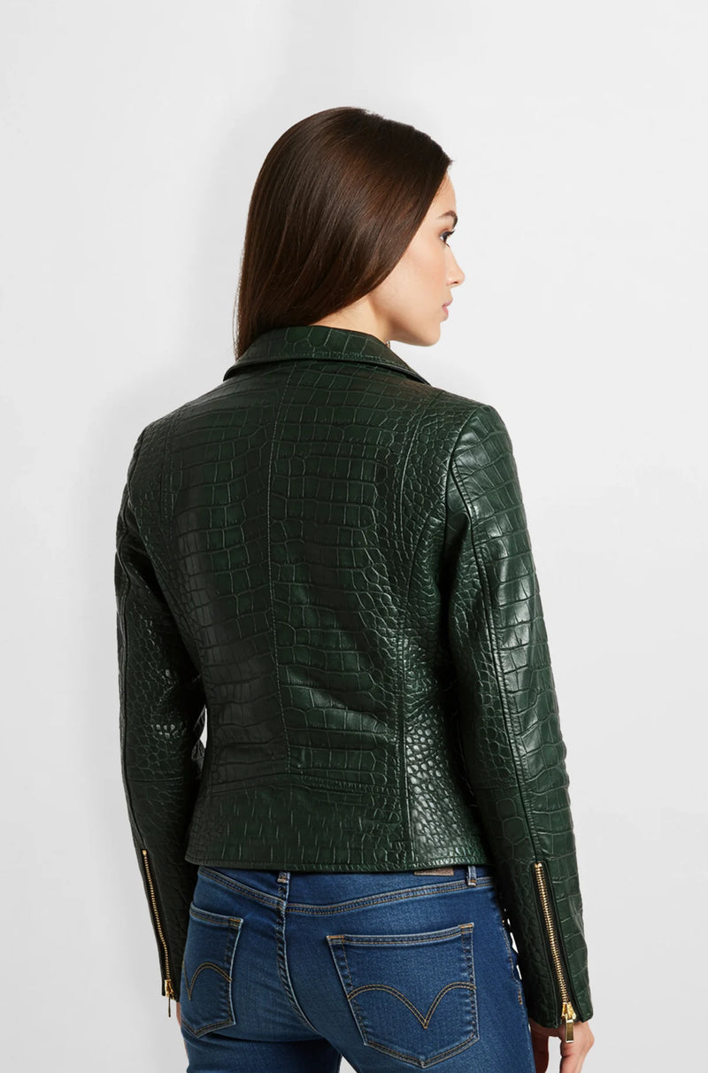 Forest green crocodile leather biker jacket Back view