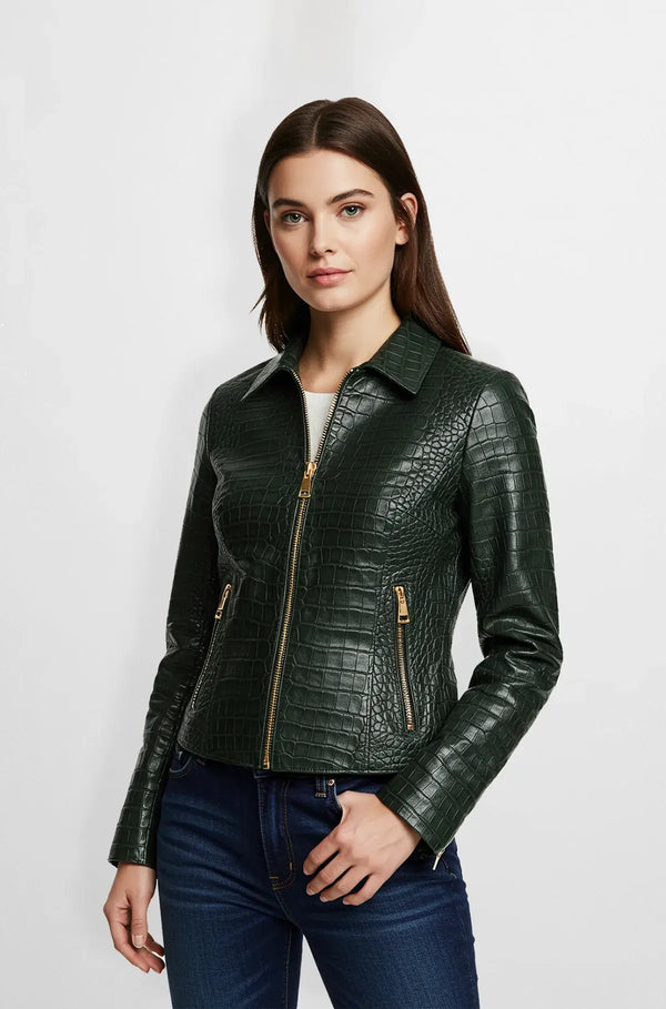 Forest green crocodile leather biker jacket Front view