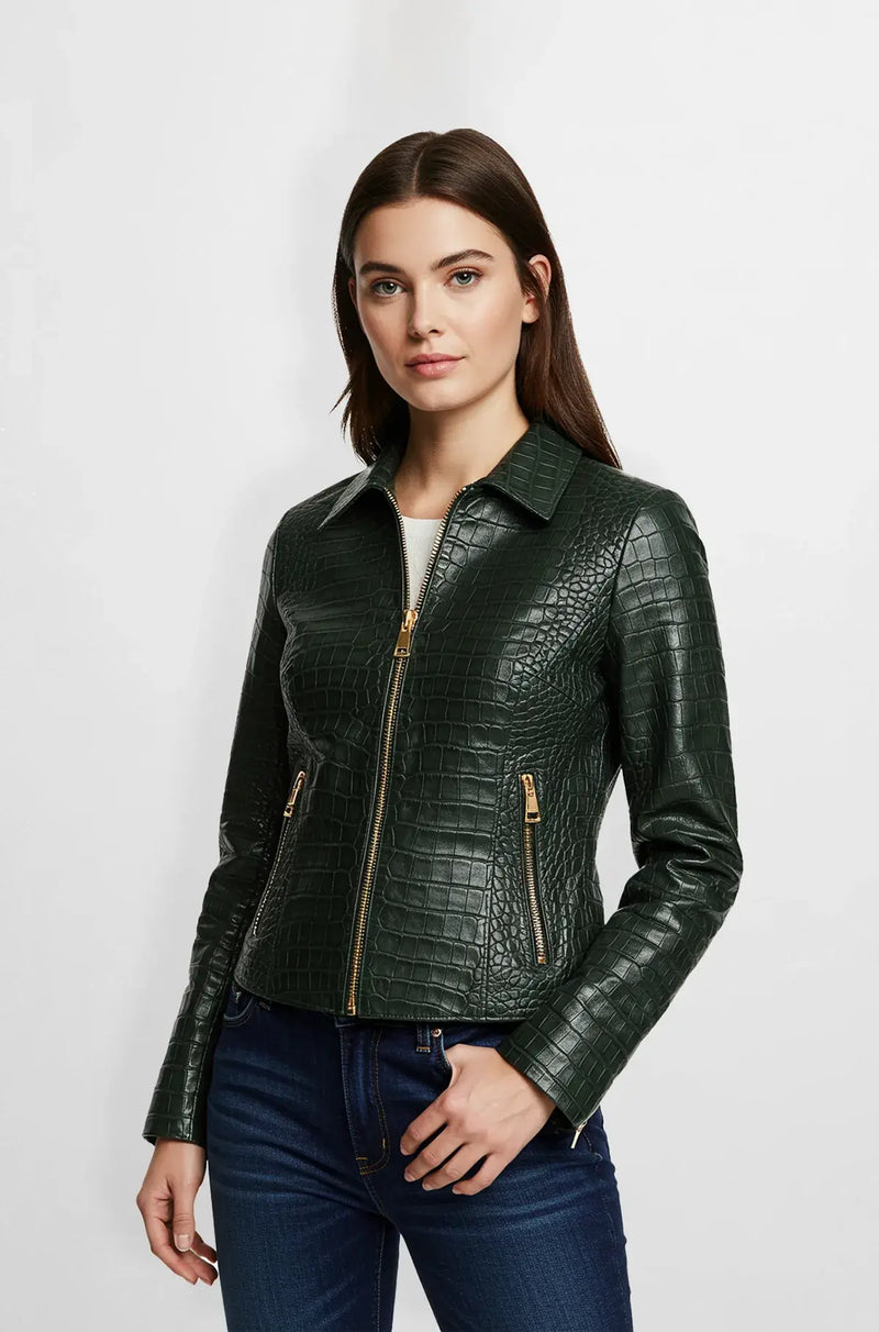 Forest green crocodile leather biker jacket Front view