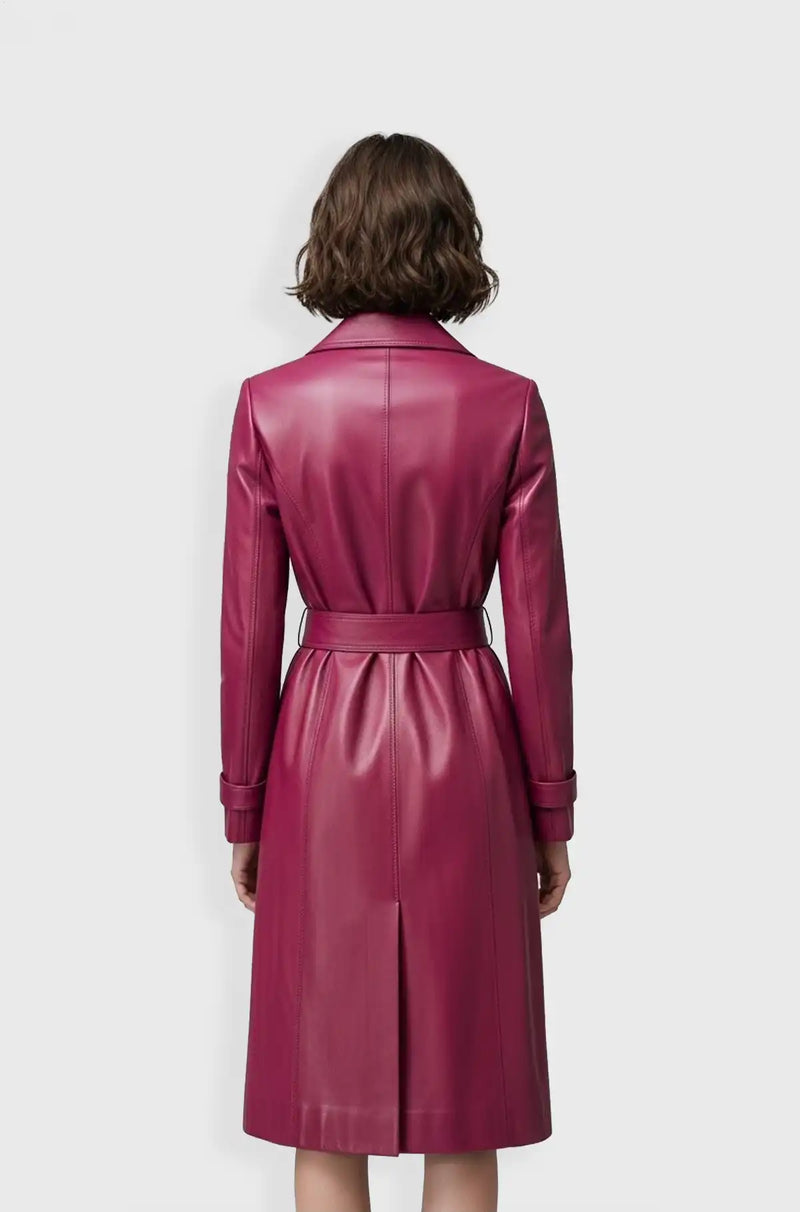 Fuchsia Pink Leather Trench Coat Back view