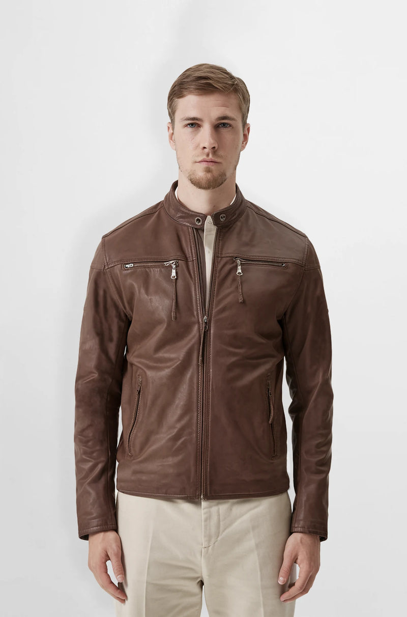 Genuine Brown Leather Biker Jacket for Men front view