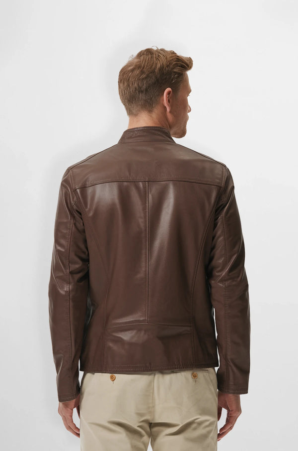 Genuine Brown Leather Biker Jacket for Men back view