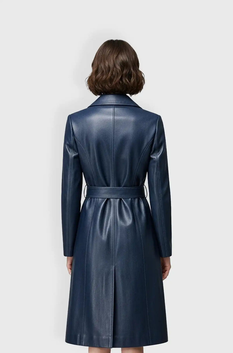 Genuine Dark Navy Leather Trench Coat