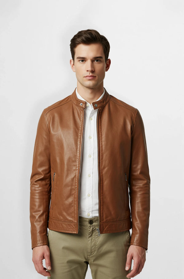 Genuine Tan Leather Motorcycle Jacket