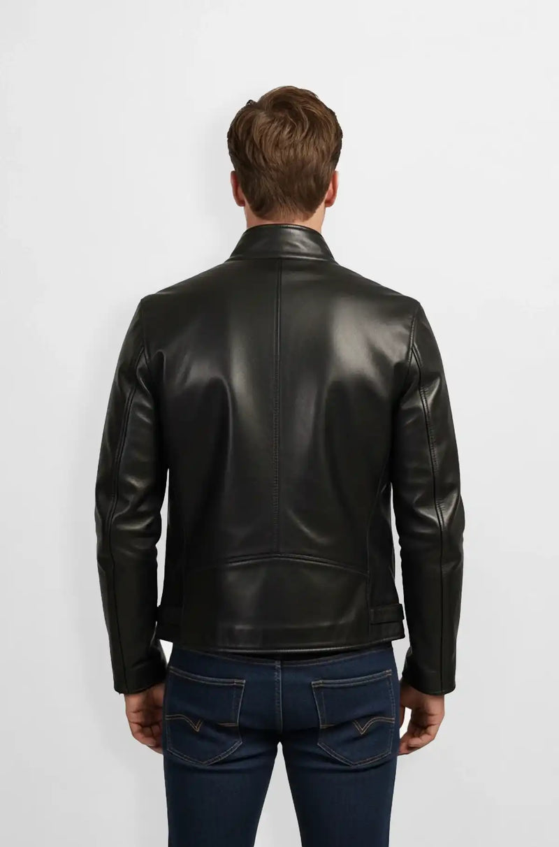 Gold Zippers Black Leather Biker Jacket Back view