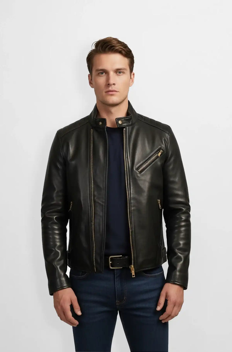 Gold Zippers Black Leather Biker Jacket Front view