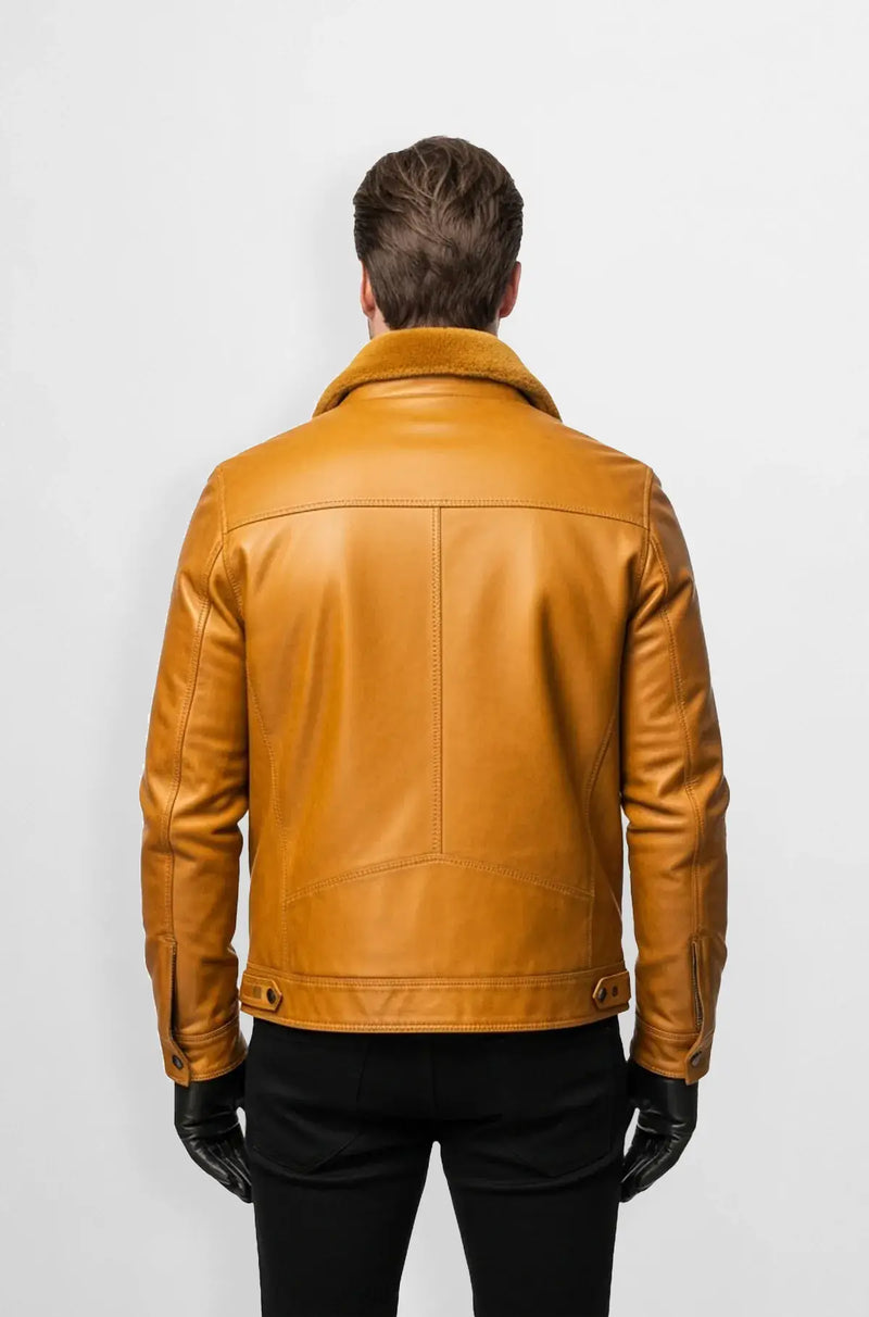 Golden Tan Leather Bomber Jacket Back view