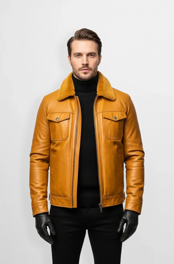 Golden Tan Leather Bomber Jacket Front view