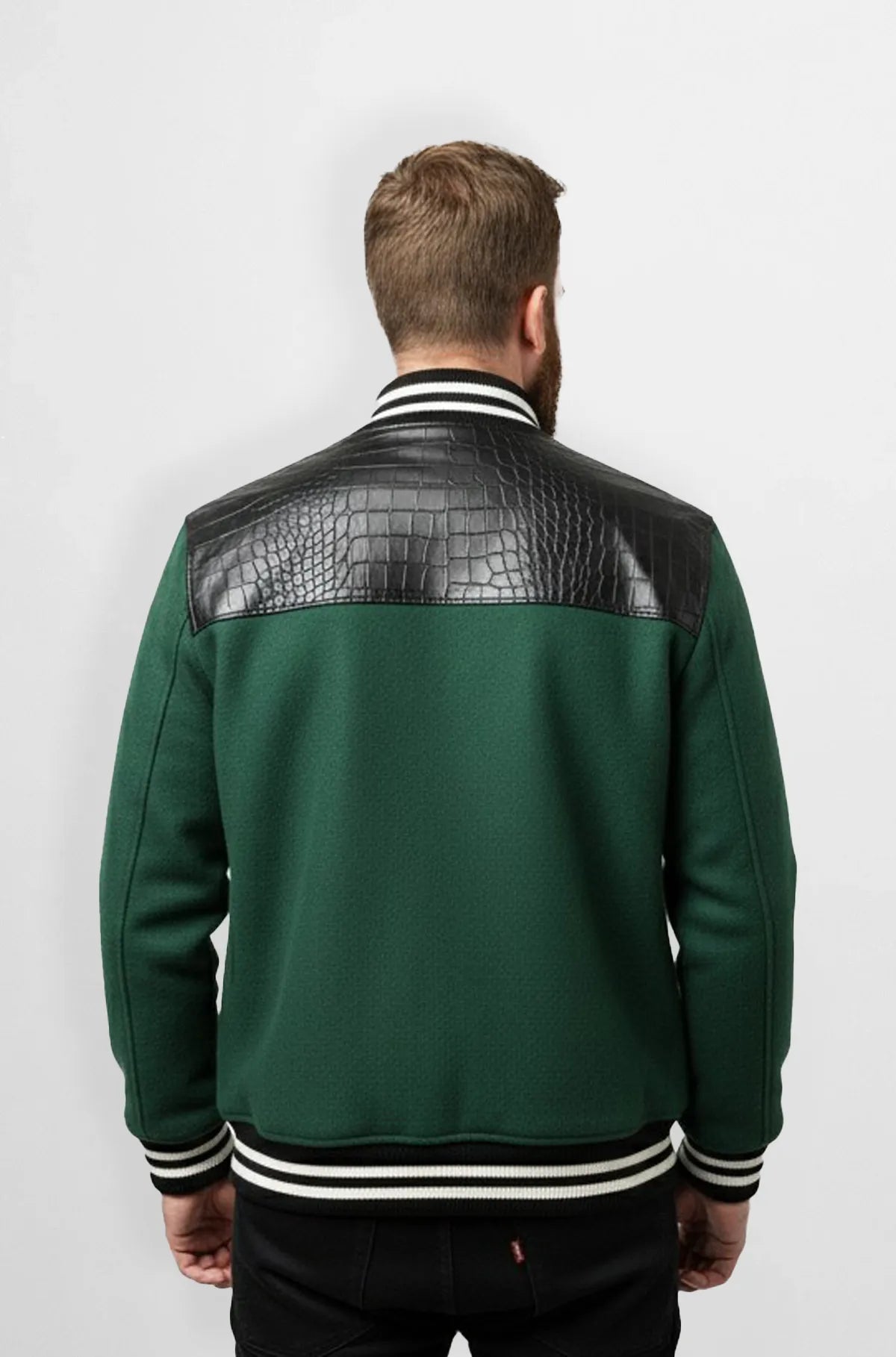 Green & Black Crocodile Leather Wool Varsity Jacket Back view