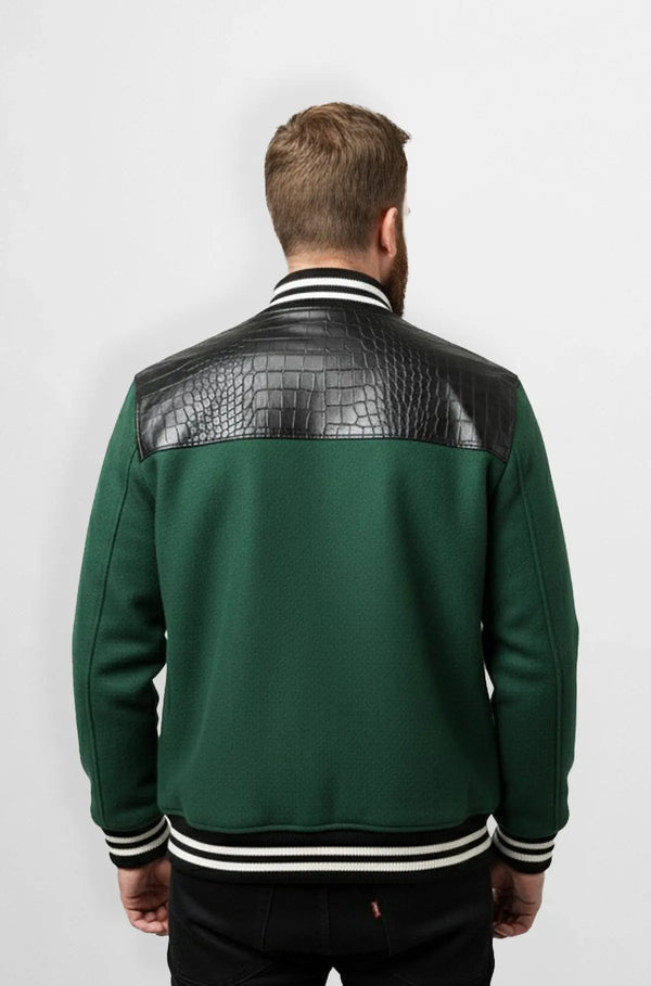 Green & Black Crocodile Leather Wool Varsity Jacket Back view