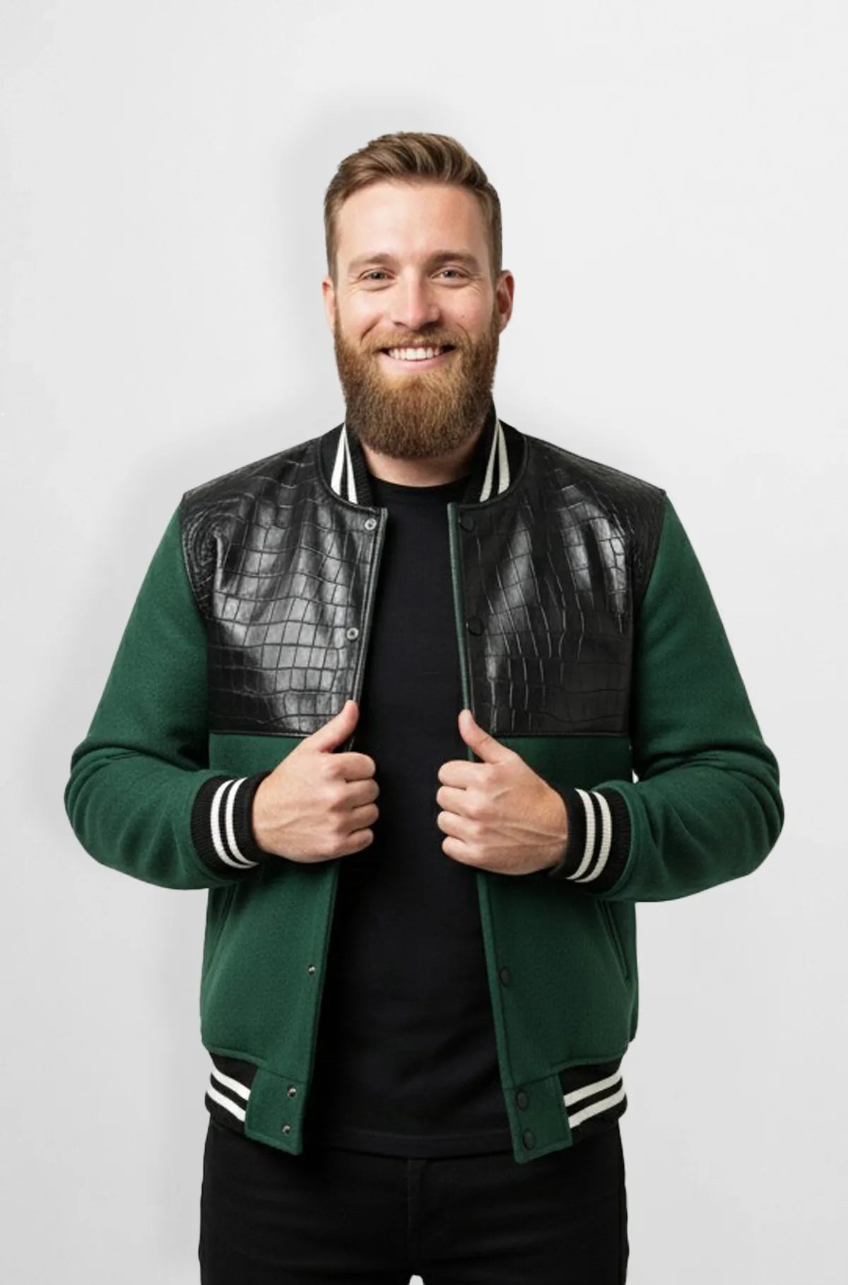 Green & Black Crocodile Leather Wool Varsity Jacket Front view