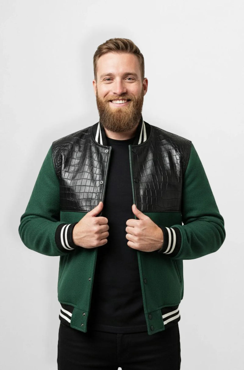 Green & Black Crocodile Leather Wool Varsity Jacket Front view