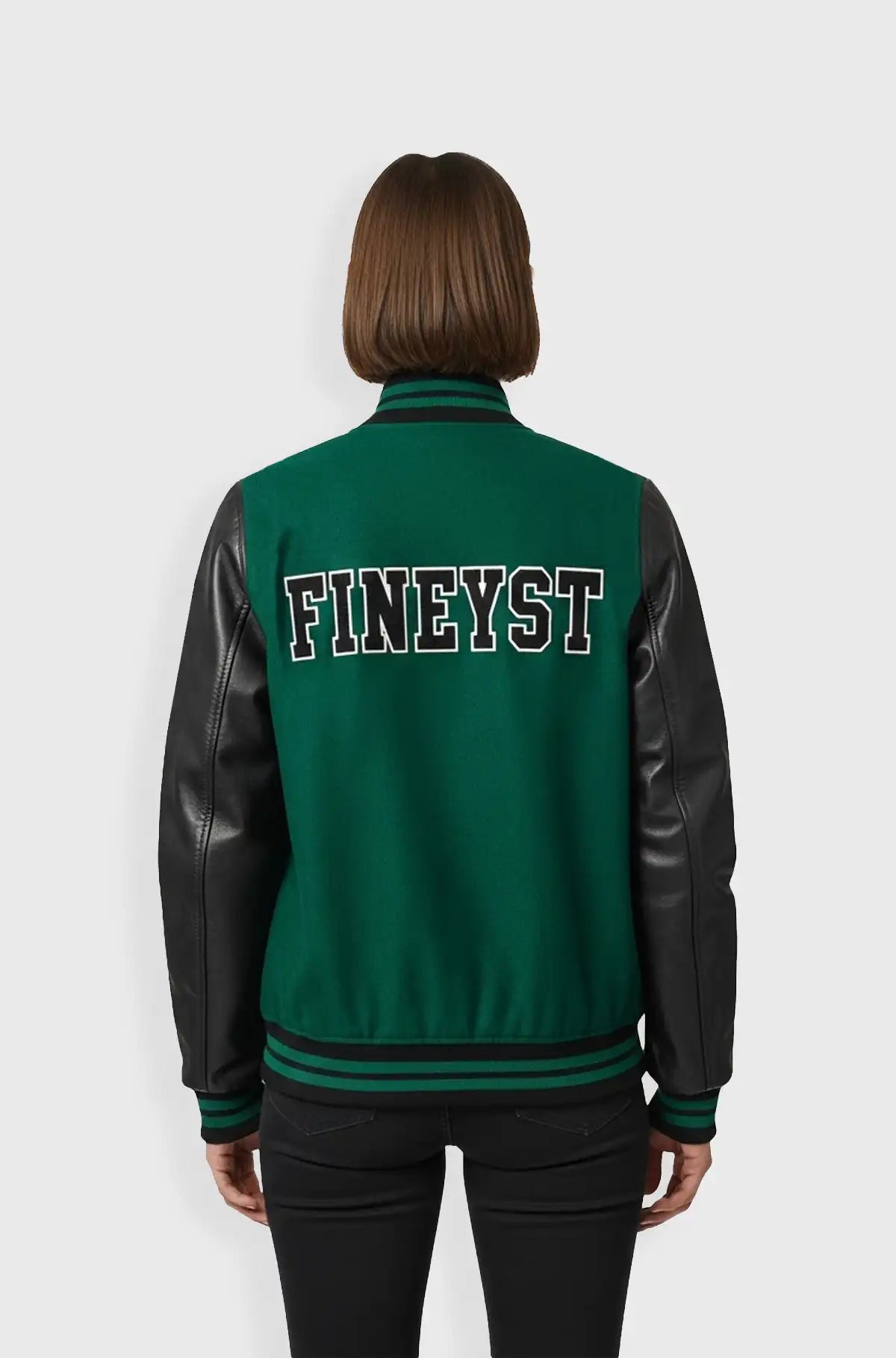 Green Black Varsity Leather Jacket back view